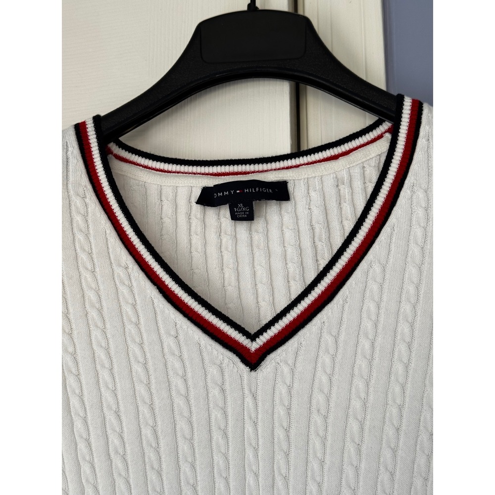 White Cable Knit V-Neck Cotton Sweater Striped Trim Tommy Hilfiger XL Preppy - Picture 5 of 7